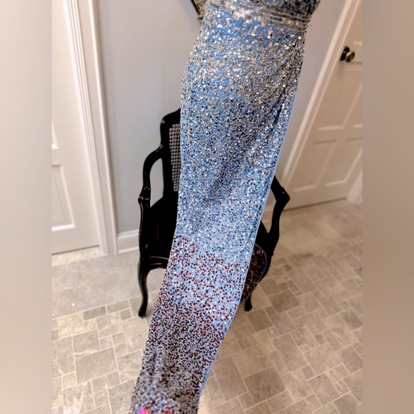 NWT Mac Duggal Gorgeous Blue Goddess Sexy Seqin To The Floor High Slit Gown - Picture 6 of 16